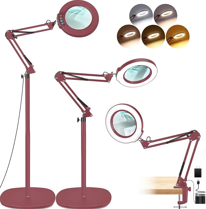 LANCOSC 10X Magnifying Glass with Light and Stand, 3-in-1 Adjustable Swing Floor Lamp, 5 Color Modes Stepless Dimmable, LED Lighted Hands Free Magnifier & Clamp for Reading, Crafts, Painting - Red