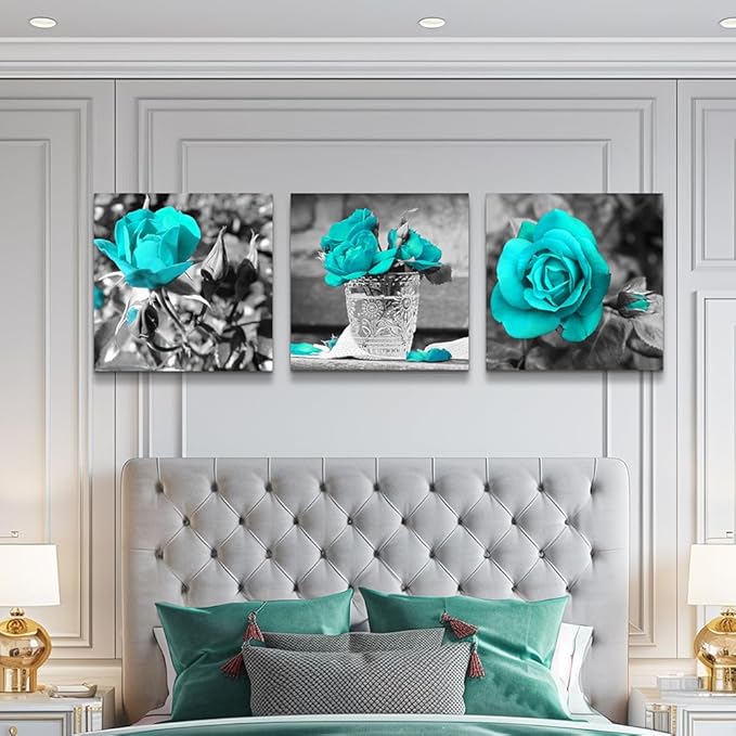 wall art for living room Black and white rose flowers Blue Big Canvas Prints Wall Decor Artwork 24" x 24" 3 Pieces Framed Watercolor Giclee with Black Border Ready to Hang for bedroom Home Decoration