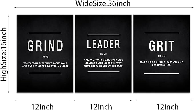 Motivational Grind Grit Leader Wall Art, Canvas Painting Wall Decor Inspirational Posters Prints for Living Room Bedroom, Office Decor, Gallery-Wrapped Canvas Art Set Framed Easy Hang- 12"Wx16"Hx3PCS