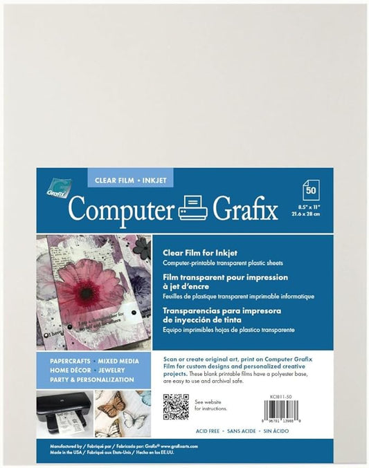 Computer Grafix Ink Jet Film - Printable Film for Creating Custom Overlays, Journals, Window Effects, Stickers, Photos, Jewelry and More, Ink Jet Printers Only (Clear, Pack of 50 (8.5" x 11"))