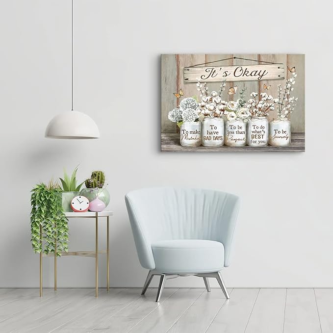 Parylore Floral Farmhouse Wall Art Canvas Encouraging Bible Verse On Marson Jars and Butterfly Print Wall Decor It's Okay Inspirational Quotes Picture Framed for Bedroom Decor 16x20 In