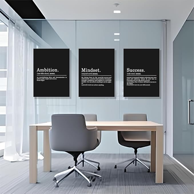 COSCTOR Set of 3 Motivational Wall Art Canvas Garage Office Workplace Living Room Bedroom Ambition Mindest Success Black and White Wall Decor Set of 3 Inspirational Quotes Posters Proverbs Paintings(Framed,12x16)