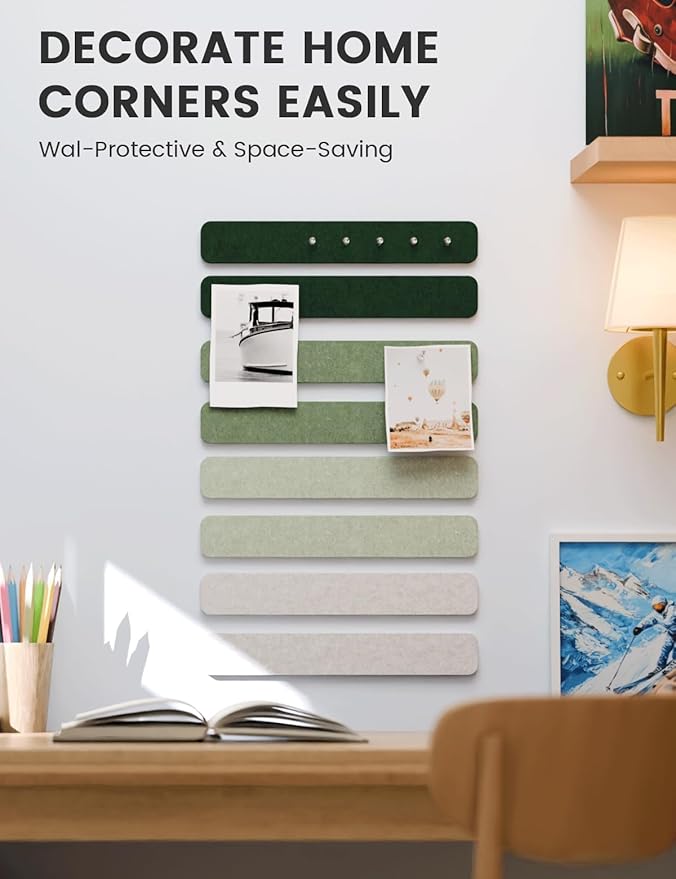 Cork Board Alternative Felt Strip Board 8-Pack 13"x2", Office Pin Board with 50 Push Pins, Adhesive Install for Bedroom Door & Home Office(Sagewood)