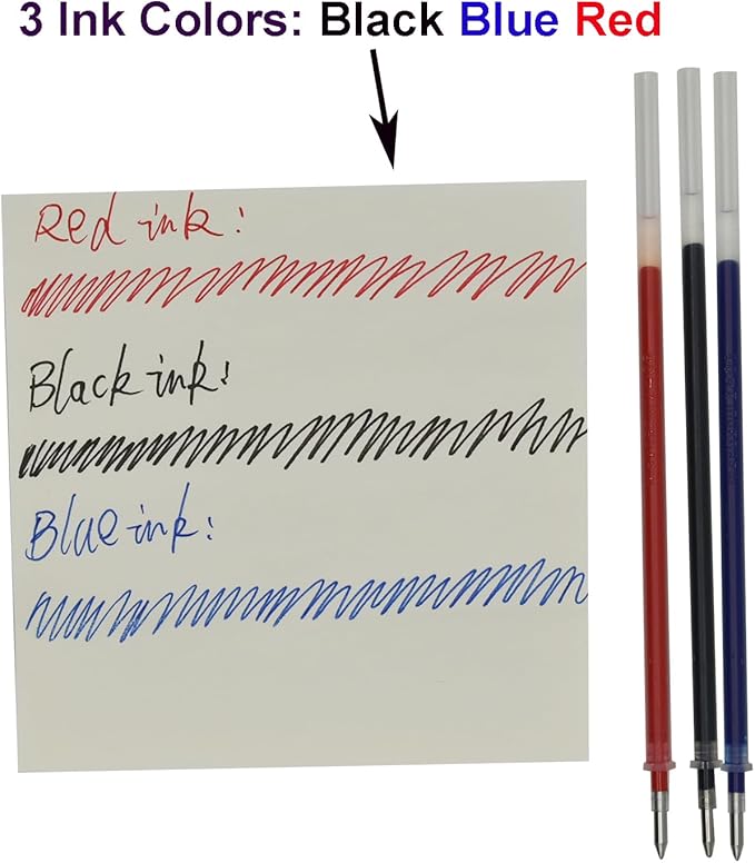 Maydahui 50 PCS Rollerball Gel Pen Refills 3 Colors Black Blue Red Metal Tip 0.7 mm Bullet 5 mm Aperture for School Party Office