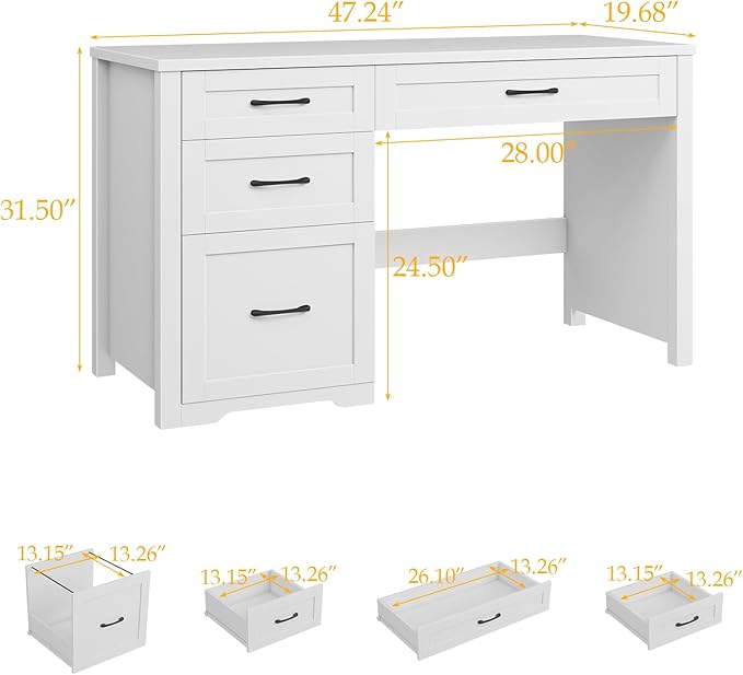Farmhouse 47" Executive Desk with File Drawer, Wood Computer Desk with 3 Storage Drawers, Workstation for Home Office, Study, Writing.White