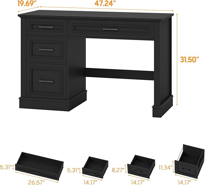 Farmhouse 47" Executive Desk with 3 Drawers and Adjustable File Drawer, Workspace for Home Office and Study, Pure Black.