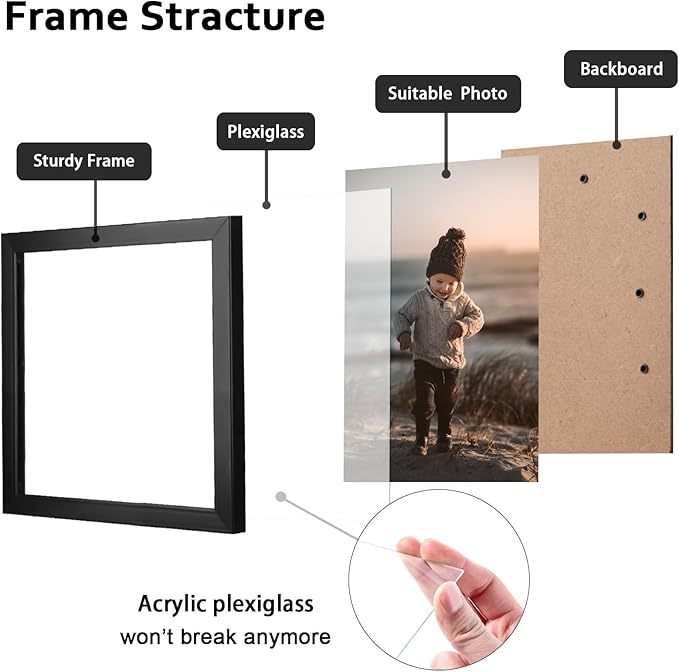 KINLINK 4x6 Picture Frame Black Set of 6, Wooden Photo Frames with Plexiglass for 4x6 without Mat for Table and Wall Display