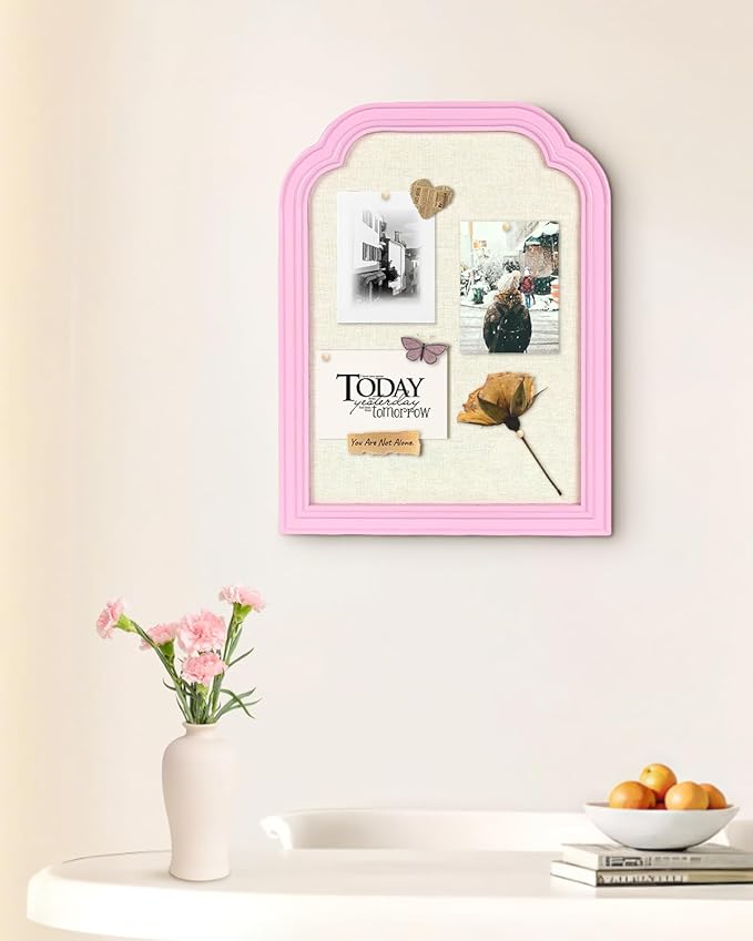 Bulletin Board with Linen, 13x17 inches Pin Board with Pink Frame, Decorative Hanging Bulletin Board Vision Board Message Board Colletion Board for Office School Home Decor