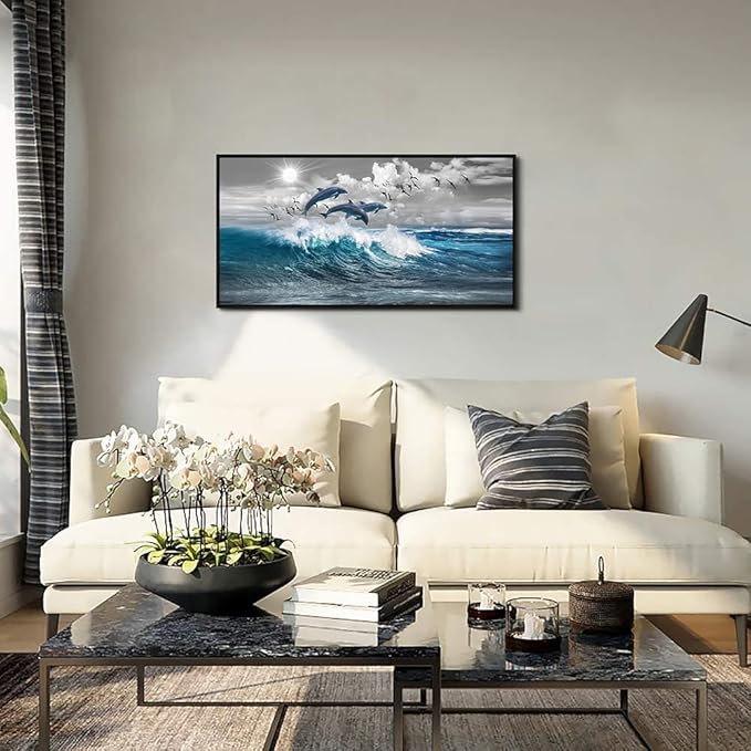 Black Framed Wall Decorations For Living Room Large Size Canvas Wall Art For Bedroom Blue Waves Of The Sea Pictures Artwork Modern Office Canvas Art Print Dolphins Wall Paintings Ready To Hang