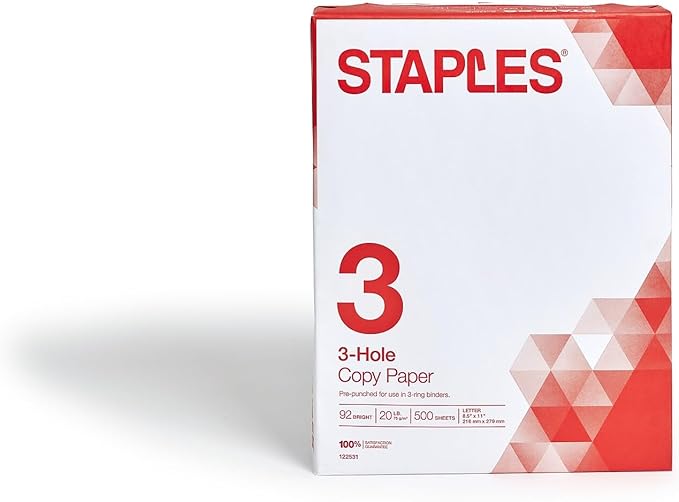 Staples 8.5-Inch X 11-Inch 3 Hole Copy Paper 20 Lbs. 92 Brightness 500/Ream, For Office, School & Home