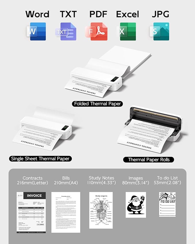 Portable Printers Wireless for Travel, A285M Bluetooth Inkless Thermal Printer, Support 8.5" X 11" US Letter & A4, Small Mobile Printer with Carry Case and 4 Rolls Thermal Paper, for Home Car Receipt