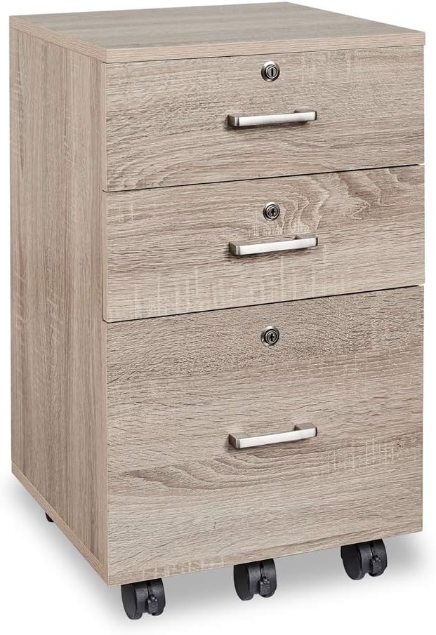 Bonnlo 26"H 3 Drawer File Cabinet with Lock, Rolling File Cabinet Under Desk, Mobile File Cabinets for Home Office, Wood File Cabinet Printer Stand for Letter Size File Folders, Assembly Required, Oak