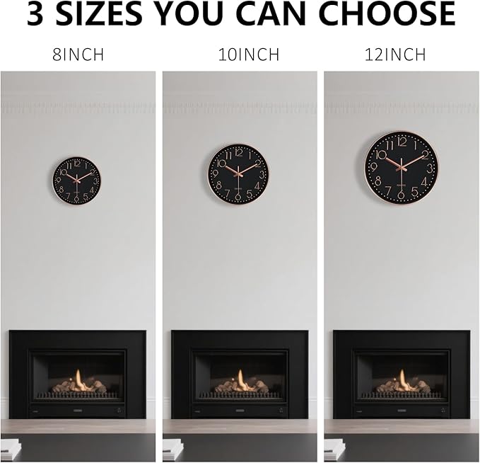 Modern Silent Wall Clock - 12 Inch Wall Clocks Battery Operated Large Number, Non-Ticking Analog Clock with Tempered Glass Quartz Clocks for Living Room Bedroom Office Kitchen, Black Rose Gold
