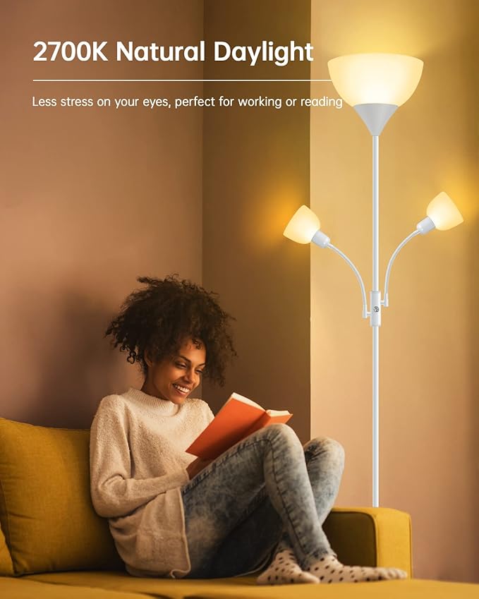 Floor Lamp, Torchiere Floor Lamps for Living Room, 71 Inch Tall Standing Lamp, Bedroom Lamps with Reading Light, Rotary Switch, 3 Plastic Lampshade, Torch Floor lamps for Bedroom (White, No Bulb)