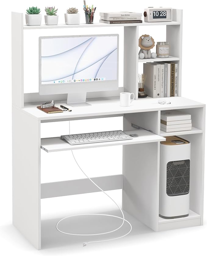 White Computer Desk with Hutch, Wood PC Table w/Power Outlet, Keyboard Tray and CPU Stand, Modern Writing Desk with Bookshelf for Bedroom, Simple Work Table for Home Office