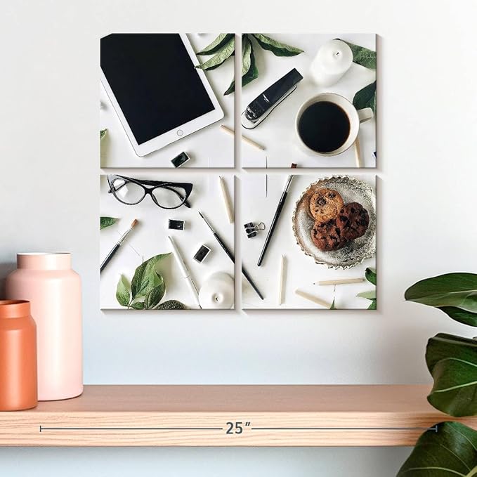 ElephantStock - Workspace Wall Art - Square Multi Panel Canvas - 4 Piece Home Office Wall Decor - Photography Profession Multi Piece Wall Art - Brown And Green Decor - 18" x 18"