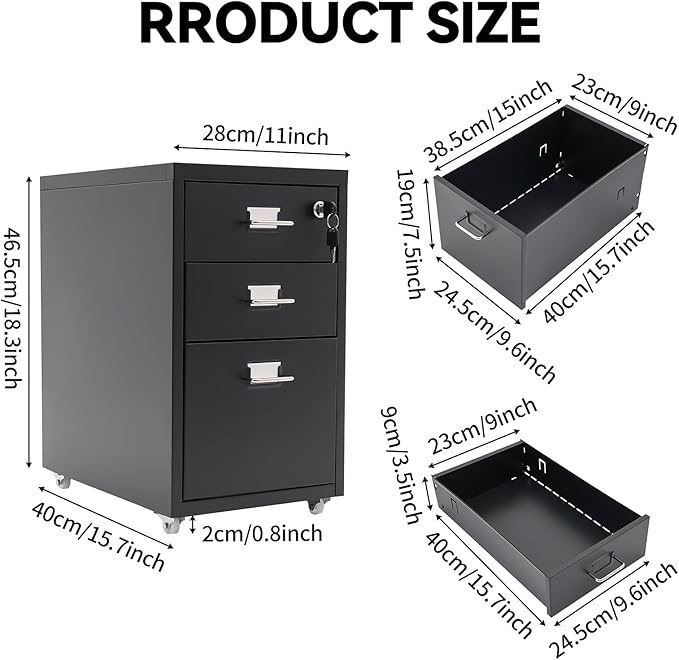 3 Drawer File Cabinet, Lockable Small Filing Cabinet for Home Office, with Wheels, Fits A4 / Letter Size, Steel Office File Cabinets (Black)
