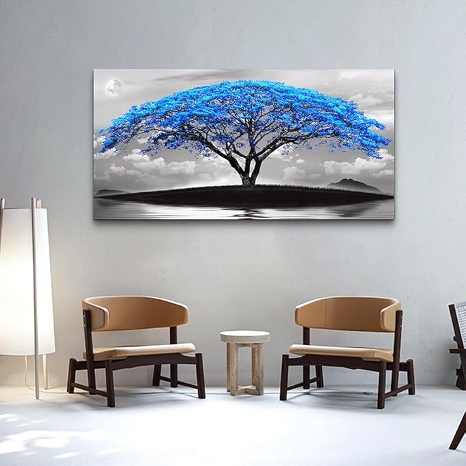 Wapluam Black And White Pictures Large Canvas Prints Wall Art For Living Room Bedroom Wall Decor Blue Tree Landscape Painting To Hang Modern Home Decorations For Office Stretched And Framed Works