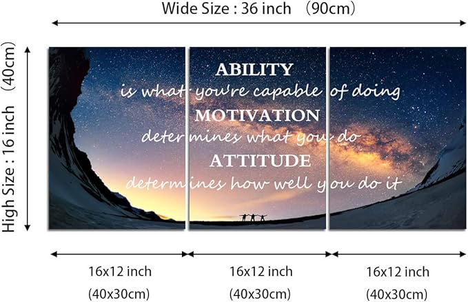 Motivational Quotes Canvas Wall Art Inspirational Ability Motivation Attitude Saying Words Posters Prints Entrepreneur Quote Home Office Bedroom Decor 3 Panels Ready to Hang - 36" W x 16" H