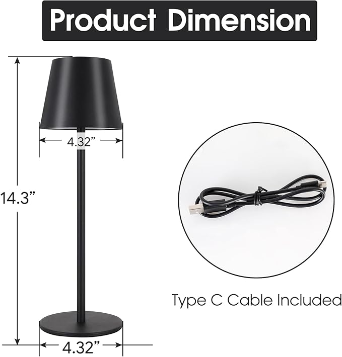 Energetic RGBW Cordless Table Lamp, LED Touch Desk Lamp Battery Powered, Dimmable, Type-C Charger, 3000K, for Restaurant/Bedroom/Bars/Party/Camping, Outdoor & Indoor, Water Resistance, Metal, 2 Pack