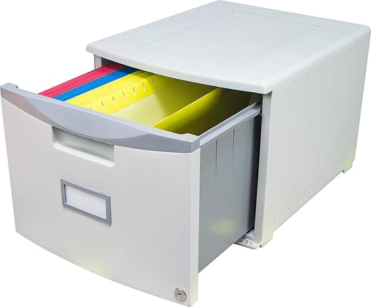 Storex Plastic One-Drawer File Cabinet – Locking Document Organizer with Casters for Home and Office, Gray, 1-Pack (61263A01C)