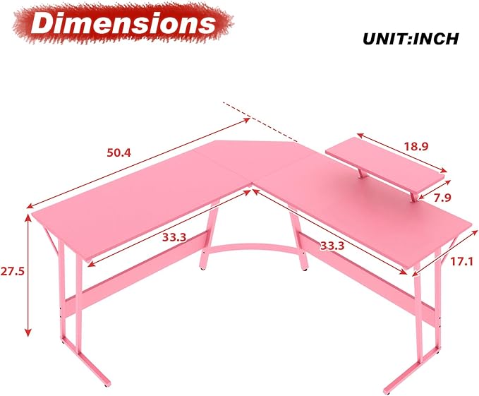 PayLessHere L Shaped Gaming Desk Corner Desk Computer Desk with Large Desktop Studying and Working and Gaming for Home and Work Place,Pink