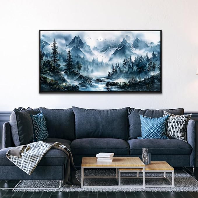 ERQINHUA Modern Home Wall Decor painting Large Canvas Wall Art For Bedroom Living Room Office Decorations Misty Forest Mural Tree Landscape Artwork Pictures Decor Aesthetics 24x48In Black Framed