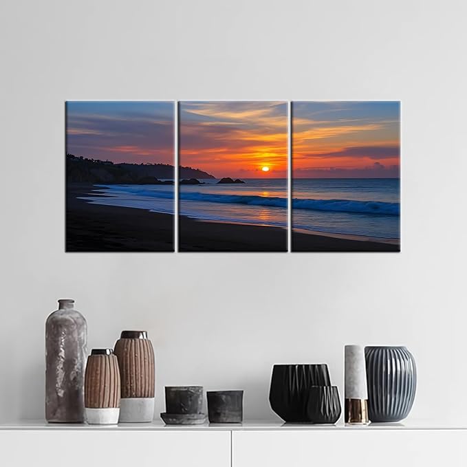 Nature Landscape Canvas Wall Art Sandy Beach at Dusk Posters Print Seaside Scenery Picture Painting for Modern Home Kitchen Bedroom Office Hotel Wall Decoration Artwork Ready to Hang [36''W x 16''H]