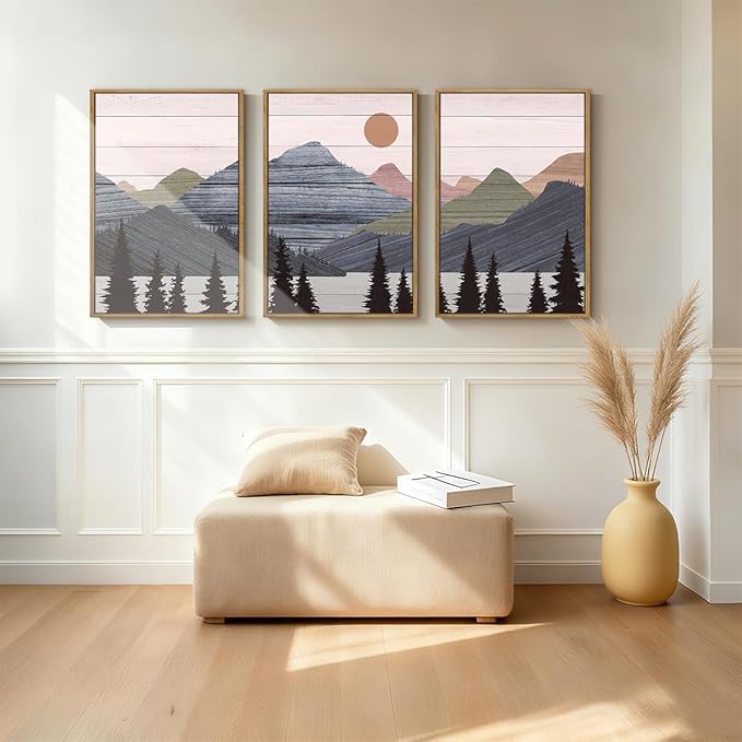 ANHUIB Mountain Framed Wall Art 16x24 Inch Large Nature Wilderness Art Print Abstract Landscape Painting Set of 3 for Living Room Bedroom Office