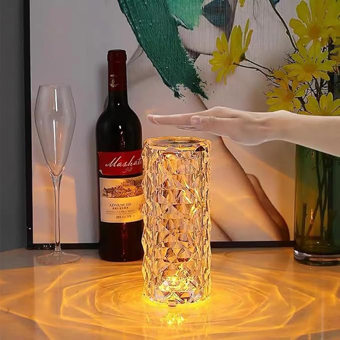 Portable Crystal Table Lamp,3 Color Touch Control Rechargeable Lamp,Crystal Bedside Lamp,Night Light,Room Decor Desk Lamp,Bedroom,Living Room,Kitchen,Dining Room Lamp (3-Color Rose)