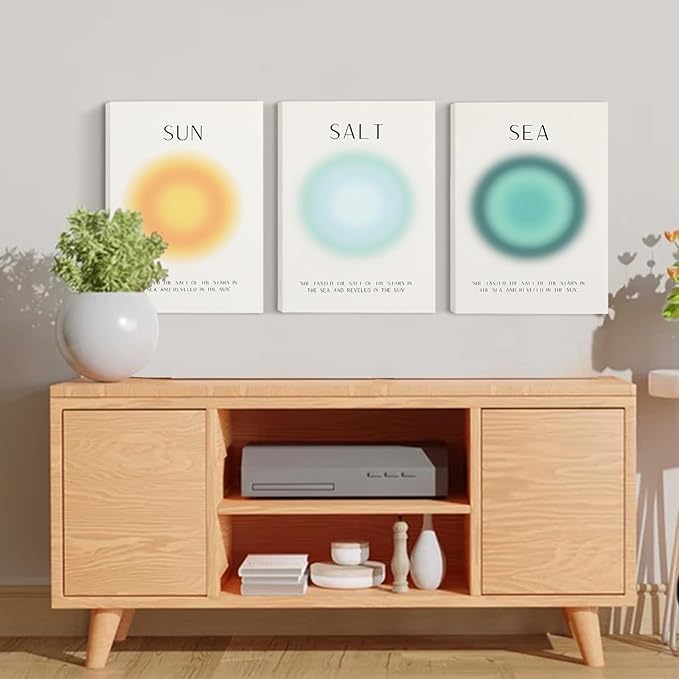 Framed Set of 3 Aura Beach Wall Art Sun Salt Sea Aura Aesthetic Wall Decor Living Room,Trendy Abstract Coastal Wall Art Decor,Minimalist Beachy Art Pritns Modern Wall Decor Bedroom Bathroom Decoration,12x16inch