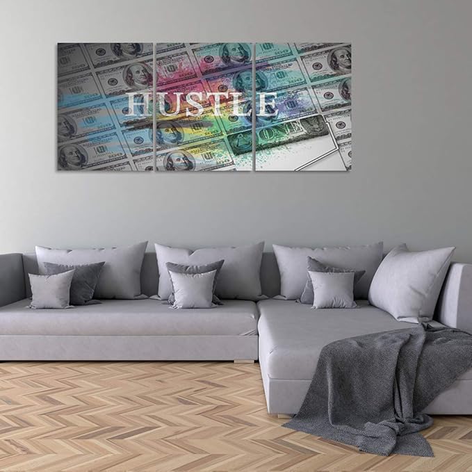 Hustle Wall Art Inspirational Posters Motivational Canvas Wall Art Entrepreneur Quotes Prints Wall Decor 3 Pieces Inspiring Success for Office Home Living Room Bedroom Framed Ready to Hang(72”Wx36”H)