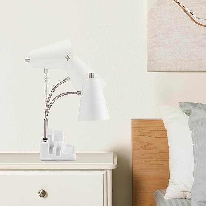 Desk Lamp Cute for Small Space, Lamp Desk with USB Port and Outlet, Desk Lamps for Home Office with Pen Holder, Study lamp for College Dorm Room, Flexible Arm, White