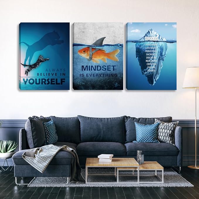 Unbruvo Motivational Wall Art for Office, 3 Pieces Cat Glacier Fish Canvas Print, Inspirational Quotes Wall Decor for Living Room, Bedroom, Dorm-(48''Wx 24''H)