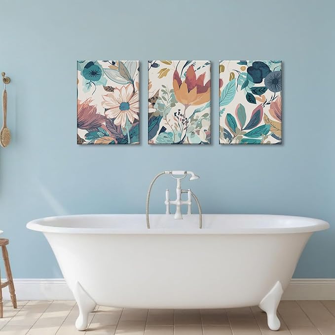 TUEASKY 3 Piece Canvas Wall Art Flower Wall Decor Botanical Pictures Floral Paintings Watercolor Prints Boho Artwork for Bedroom Bathroom Living Room