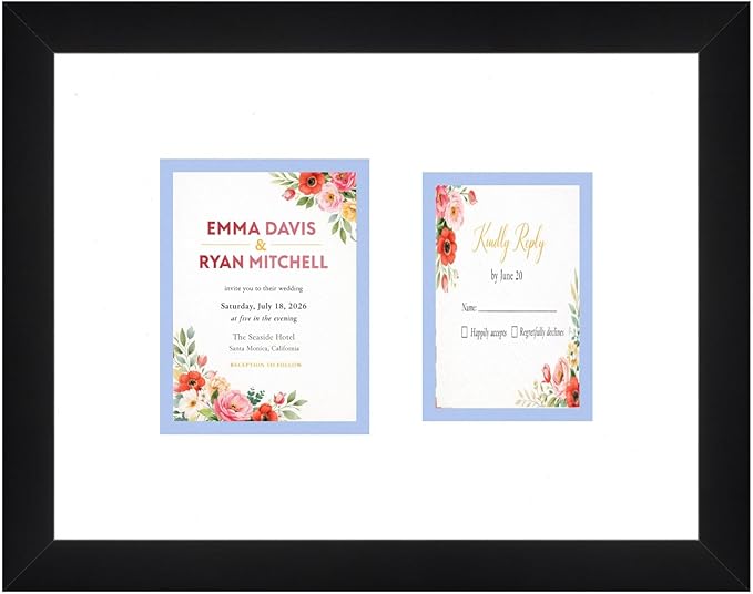 Invitation and RSVP Card Frame Black Double Mat White Over Sky Blue Ceremony Keepsake Display Made in the USA