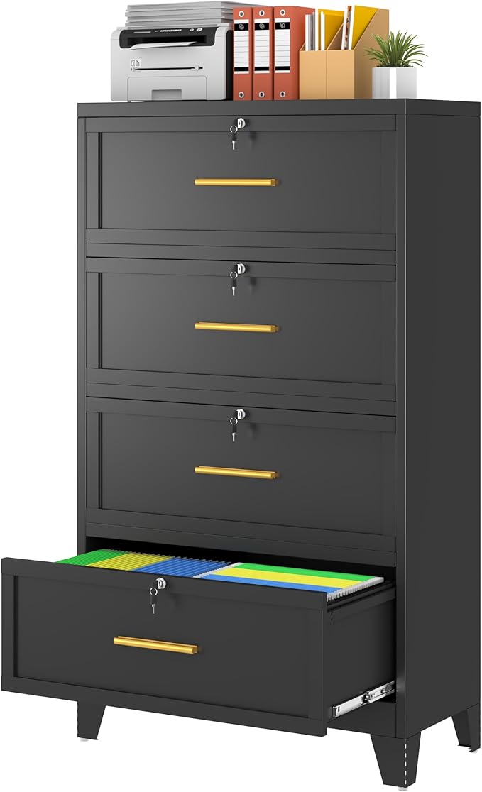 4 Drawer File Cabinet with Lock, Metal Lateral File Cabinets for Home Office, Steel Wide Filing Organization Storage Cabinets, Home Office Furniture for Hanging Files Letter/Legal/F4/A4 Size