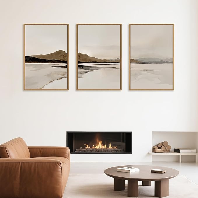 Ausril Beige and Brown Foggy Framed Canvas Wall Art Set, Modern Misty Landscape Wall Decor, Abstract Mountain Lake Wall Painting, Minimalist Nature Art Prints for Living Room, Bedroom - 24"X36"X3