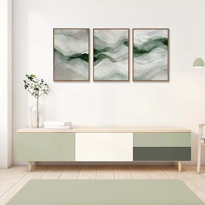 myusuar 3 Piece Large Abstract Framed Wall Art For Living Room, Smoke Texture Ink Teal Soft Green Canvas Wall Art Modern Minimalist Art Prints Wall Décor For Bedroom Office 16x24in