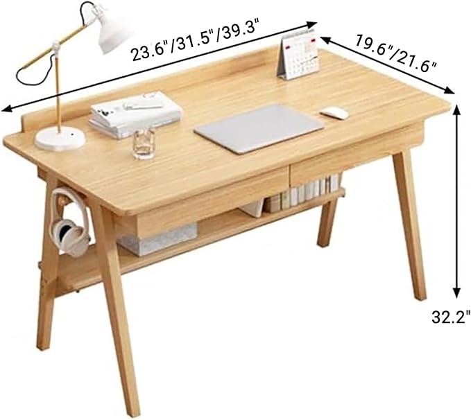 Scandinavian Solid Wood Desk,Small Home Office Desk with Drawers and Shelves,Writing Desk Workstation,Contemporary Computer Desk Study Desk Table