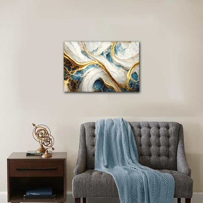 Abstract Canvas Wall Art Decor Blue Gold and White Colors Marble Art Poster Prints Modern 1 Panel Canvas Wall Artwork for Native Americans Living Room Home Decor Stretched Ready to Hang 24x16 in