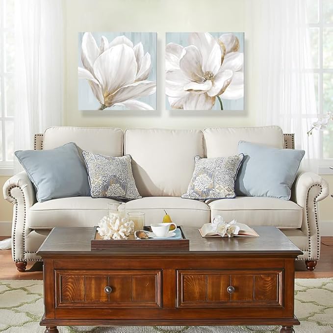 SEVEN WALL ARTS White Magnolia Wall Art Flower Artwork Floral Canvas Paintings Vintage Nature Botanical Painting Farmhouse Artwork Wall Decor for Bedroom Living Room Bathroom Office 24"x 24" x2pcs