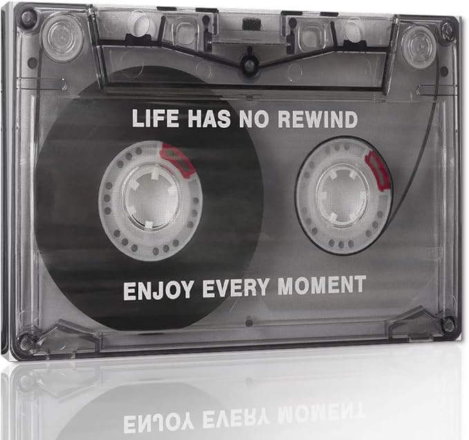 Life Has No Rewind Enjoy Every Moment-Inspirational Office Wall Decor Canvas Art Audio Cassette Framed Art Vintage Cassette Canvas Wall Art Motivational Gift Wooden Framed Ready to Hang-24x18 inches