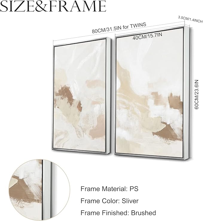 Framed Neutral Abstract Wall Art Set - Pastel Duotone Tan and White Abstract Illustrations Modern Wall Art Decorative Contemporary for Living Room, Bedroom, Office - 16"x24"x2