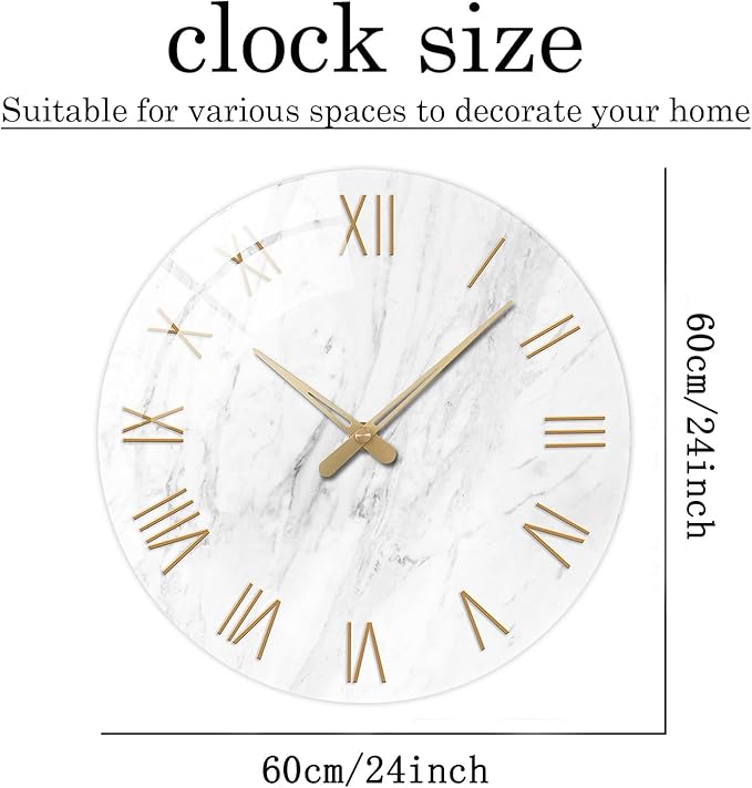 24 Inch White Minimalist Glass Wall Clocks Battery Operated Extra Large Wall Clock for Living Room Bedroom Round Analog Silent Wall Clock
