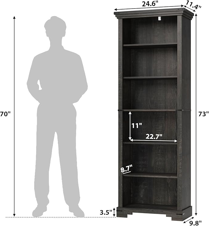 6-Tier Farmhouse Bookshelf, 73 inch Tall Book Shelf with Unique Design & 2 Adjustable Shelves, Wooden Bookshelf for Study Room, Living Room, Kitchen, Bedroom (Black)