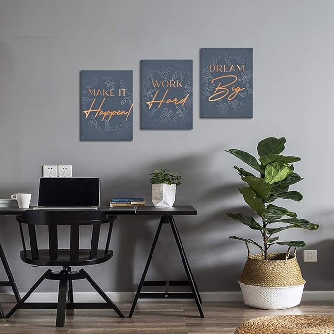 Inspirational Wall Art for Office - 3 Piece Dream Big Work Hard Make It Happen Motivational Posters Positive Quotes Wall Decor Entrepreneur Pictures Framed Canvas Print for Workplace Home, 12"x16"x3