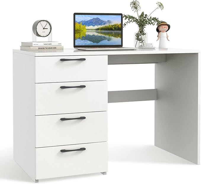 Giantex White Computer Desk with 4 Large Drawers, Home Office Laptop PC Desk, Writing Table, Modern Computer Workstation for Bedroom Study Room