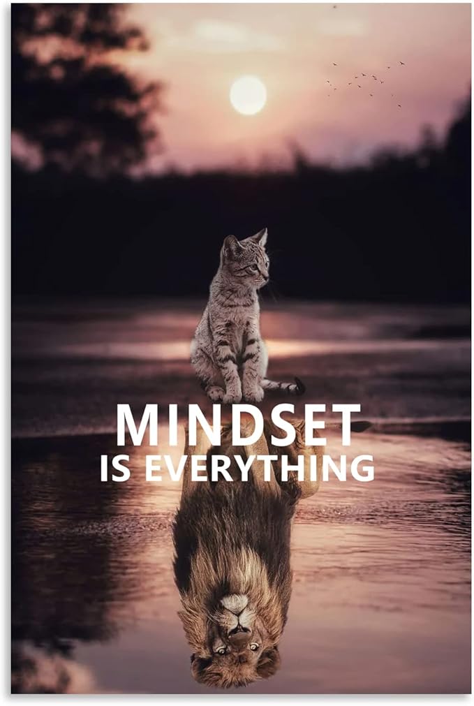 Inspirational Entrepreneur Canvas Print Wall Art Mindset is Everything Cute Kitten and Lion Inspirational Poster Print Artwork Bedroom Office Home Decoration Frame Ready to Hang[12''W X 18''H]