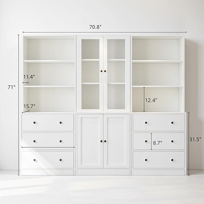 TUSY 71" H Bookshelf with Storage, 6-Tier Modern Bookshelves with 3 Large Drawer, Display Bookcase with Glass Doors, Modern 5-Tier Curio Cabinet for Home Office, Dining Room (White, BAB)